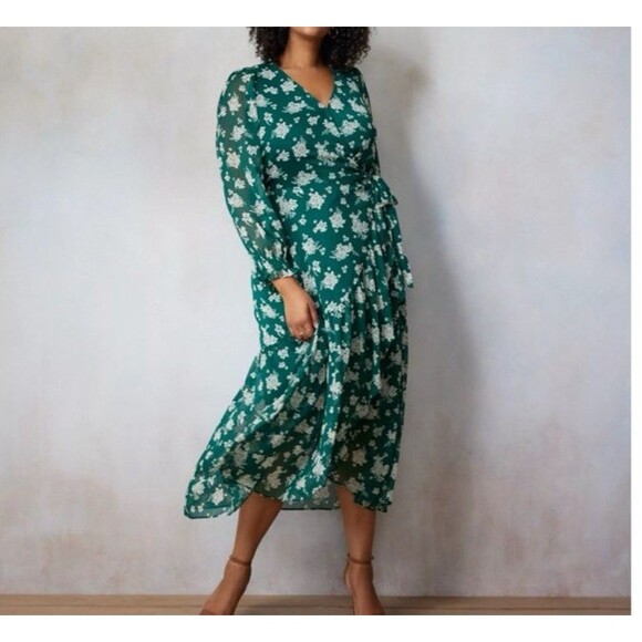 Lauren Conrad Midi Wrap Dress Plus Size 3X Green Floral Chiffon Semi-Formal - Picture 1 of 12